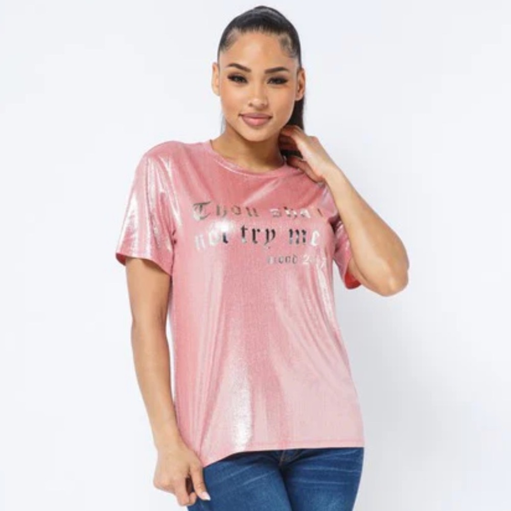 Love J Though Shall Not Try Me Mood 24:7 Pink Metallic Top XL NWOT